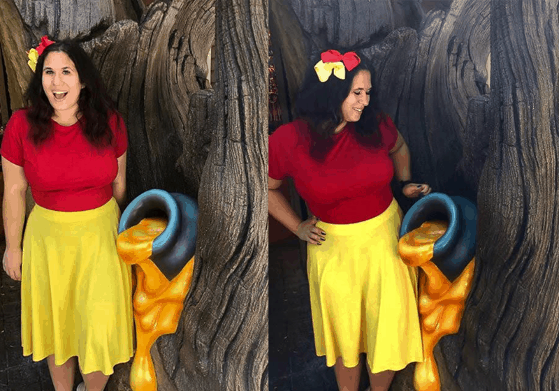 Girl in red shirt and yellow skirt posing next to tree with honey pot