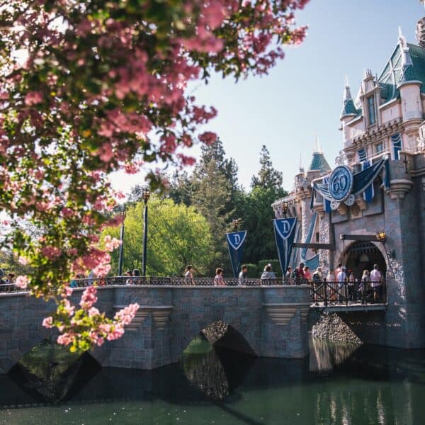 Disneyland castle with 60th anniversary banners