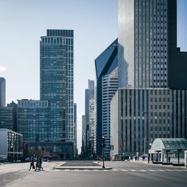 View of the chicago skyline from street level