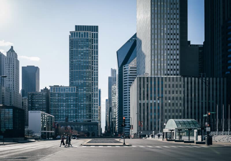 View of the chicago skyline from street level