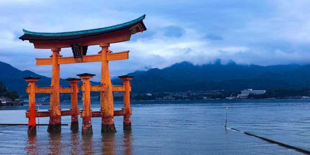 Floating red torii gate in the water