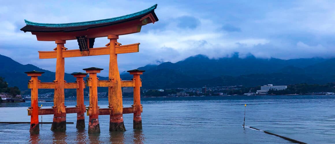 Floating red torii gate in the water