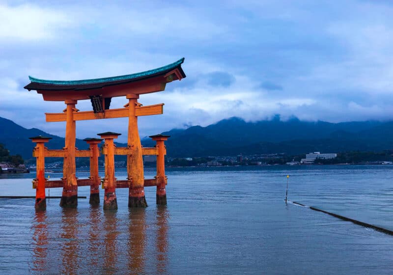 Floating red torii gate in the water