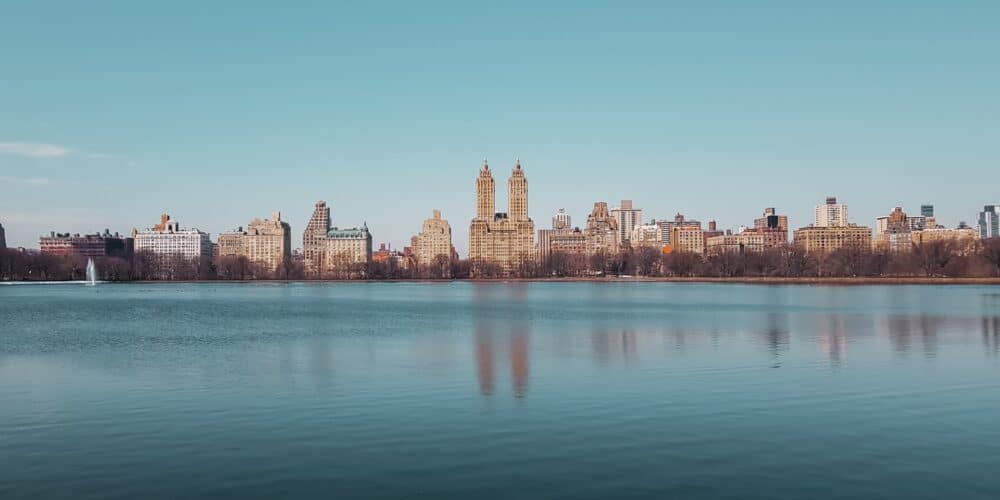 City skyline over a large body of water