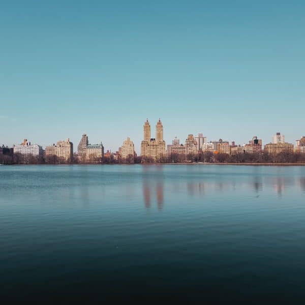 City skyline over a large body of water