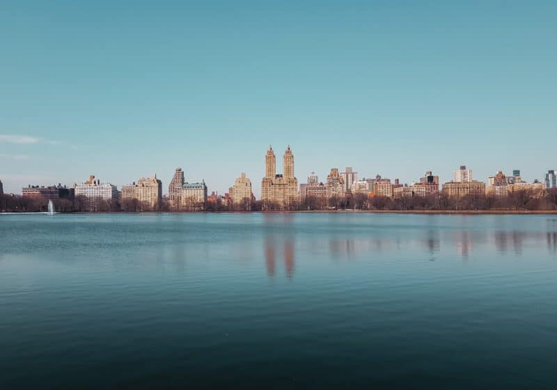 City skyline over a large body of water