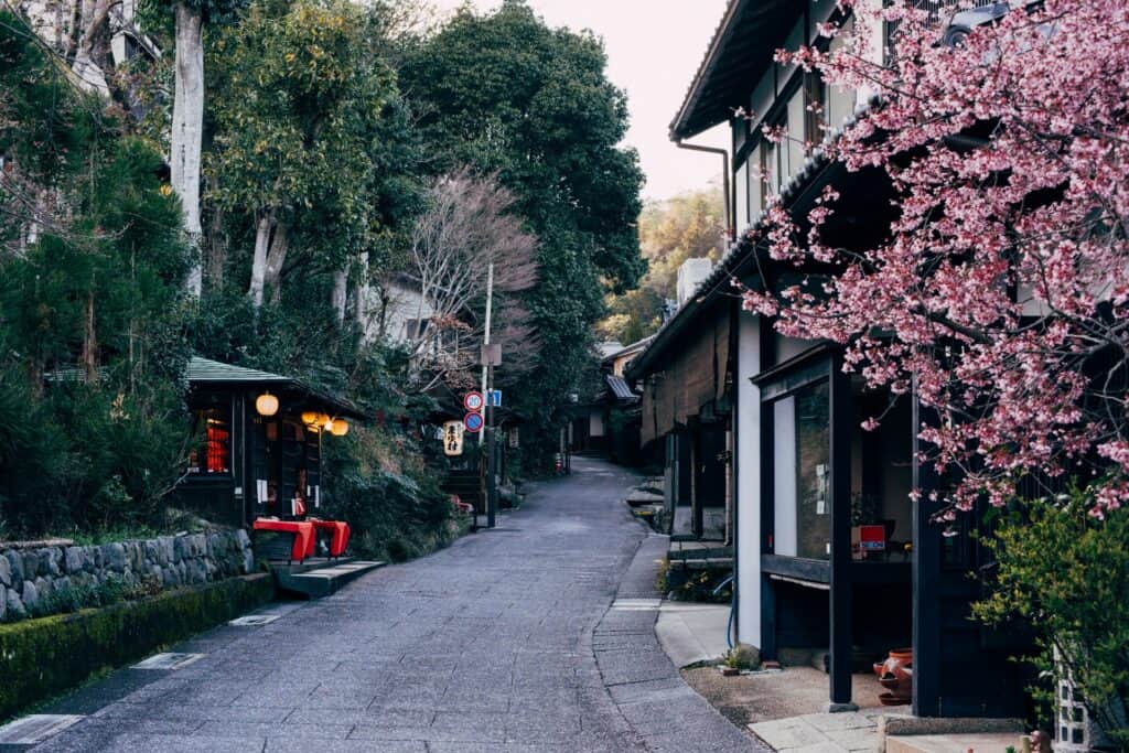 Narrow pone surrounded by trees and old style Japanese buildings