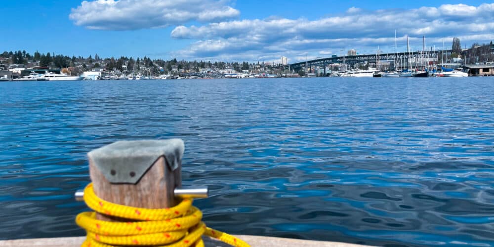 I-5 bridge, boats, and Seattle neighborhood views from hot tub boat on Lake Union
