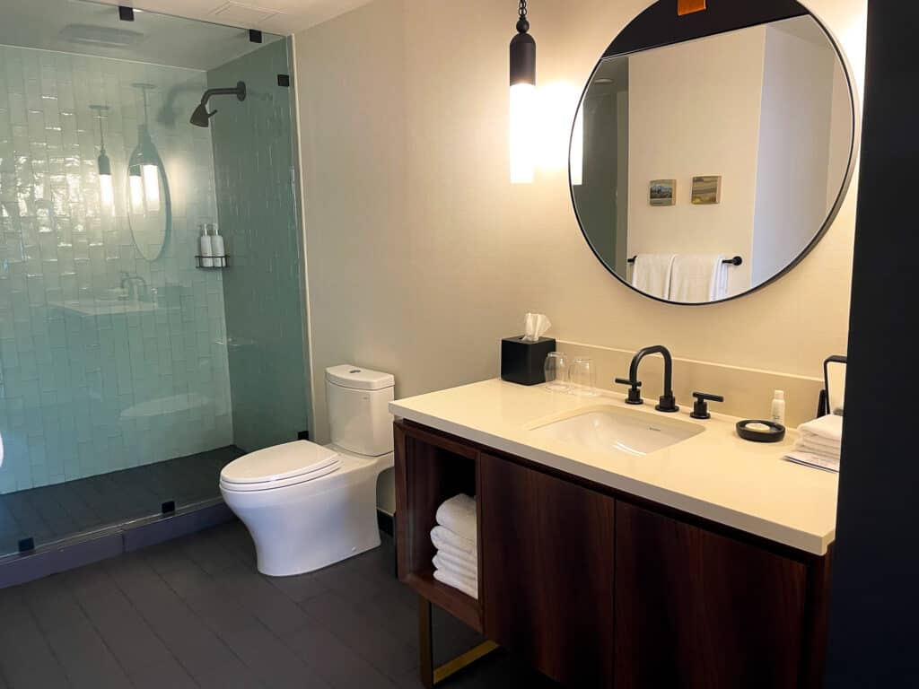 Alexis Hotel bathroom with large sink, round mirror, toilet, and large walk in shower