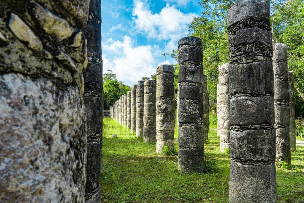 Stone pillars with carvings lines up in rows against green grass and trees at Chichen Itza